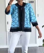 MING WANG Blue Black Chain Knit Jacket Blazer Size large Cardigan