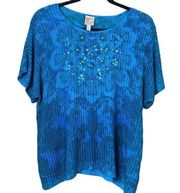 JM Collection Blue Flower Top With Sequins Size Large