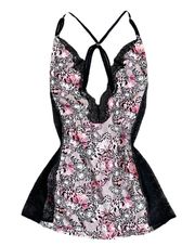 Pastel Light Pink Black Butterfly Lace Plunge Neck Teddy Slip