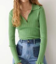 & Other Stories Fitted Rib Kint Wool Blend Polo Sweater Top Green Size Small