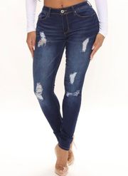 Dark Wash Mid Rise Distressed Skinny Jeans