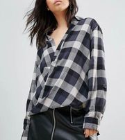 BlankNYC NWT Faux Wrap Plaid High Low Button Down Top Black Gray Size Small