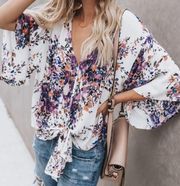 Lovestitch Boho Chic Charmer floral print bowknot oversized blouse, Size S