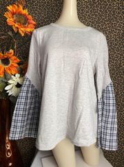 NWT  Heather Grey/Navy Plaid Long Bell Sleeve Cotton Top | LARGE |