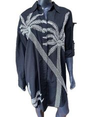 Badgley Mischka Small Tunic Dress White Black Palm Tree Embroidered NEW NWT