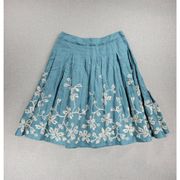 Talbots Skirt Size 4 Blue Linen Floral Embroidered A-Line Pleated Cottagecore