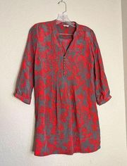 Fossil Floral Tunic Top Blouse 100% Silk Long Sleeves S Pintuck V Neck Popover