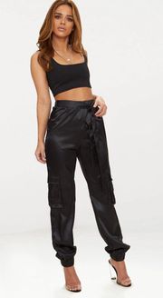 Black Satin Cargo Pants