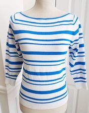 blue & white striped boat neck 3/4 sleeve pullover sweater -S 