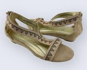 Irene Tan Faux Suede Fabric Rhinestone Low 1" Wedge Zip Sandal 9