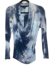 Boston Proper Womens Tie Dye Cowl Neck Top, Lightweight Long Sleeve Shirt Blue