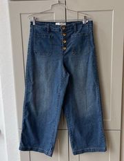 Ann Klein High Rise Button Front Wide Leg Cropped Denim Jean Pants 12 Large Boho