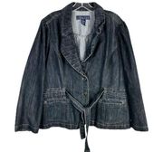 Baccini Plus Size 2X Denim Jacket Dark Blue Jean Belted Button Up Pockets 910