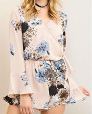 ENTRO Floral Wrap Romper Beige Cream Blue Surplice Long Bell Sleeve Boho Small S