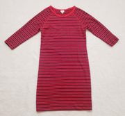 Red and Navy Striped 3/4 Sleeve Shift Dress