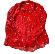 Beachlunchlounge women's medium red floral button down long sleeve blouse