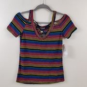 Eye Candy Rainbow Striped Stretch T Shirt Cold Shoulder V Neck Size Medium