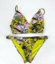 TOPSHOP Tropical Floral Bikini Set Tanga Bottoms Idol Top Pink Yellow Size 6
