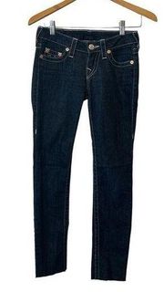 True Religion Dark Wash Skinny Denim Jeans with Raw Hem Ankles Size 24