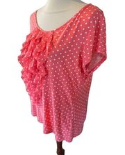 Elle Women's Coral Ruffle Down Center Scoop Neck White Polka Dots Blouse Size XL