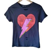 Heart & Lightning Bolt Distressed Retro Vintage Graphic Tee -XS