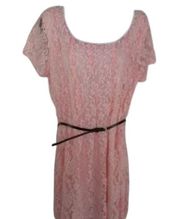 NWT NY Collection Women's Petite Pink Lace Lined Belted Dress Size PL‎