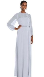 Dessy Strapless Chiffon Floor Length Gown with Sleeve Overlay in Silver Dove