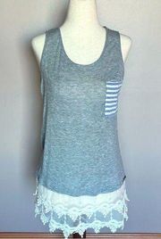 Bo Bel Gray Tank Top w/ Blue and White Striped Pocket and Beautiful Lace Accent