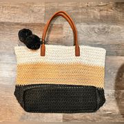 Black Tan White Colorblock Pom Pom Lined Woven Tote Bag