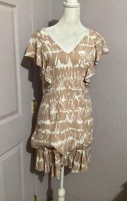 Fate V-Neck Ruffle Short Sleeve Cream And White Printed Viscose Mini Dress