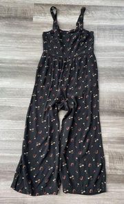 Madewell Black Floral Jumpsuit Romper Size 4 Wide Leg Smocked Side E5