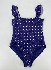 Jones New York Bandeau One Piece Swimsuit Sz M Blue White Polka Dot Ruffle Strap