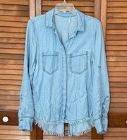 Boutique Cache Woven Blue Long Sleeve Button Down High Low Top Size Large