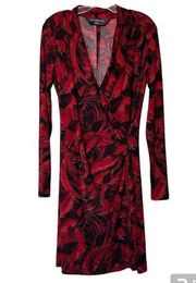 Norma‎ Kamali Red and Black Feather Print Faux Wrap Dress Size M