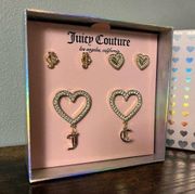 New Juicy Couture Glass Crystal Heart Logo Faux Pearl Stud Earrings Set 3​