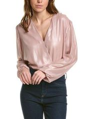NWT BCBGMaxAzria Rose Pink Shimmer Metallic Surplice Long Sleeve Bodysuit Size L