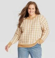 Ava & Viv Houndstooth Crewneck Pullover Sweater Tan White 1X