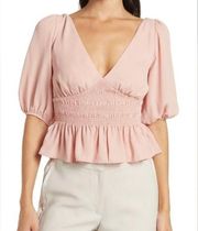 Wayf Smocked Poet Blouse Deep V Pink XS Boho Crop XS. NWOT Puff Sleeve