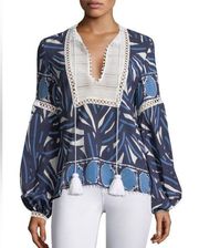 Ciela Lace-Bib Long-Sleeve Printed Cotton top tassel tie blue white XS