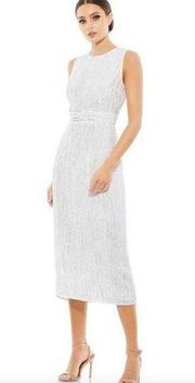 Mac Duggal Sequined Tea Length Geometric Beaded Dress Sheath Dress White Womens