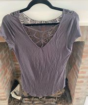 NWT Almost Famous Grey Cross Strap Neck Crocheted Back T Shirt Medium