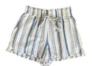 Angie Cotton Elastic Waist Striped Blue & Tan Cotton Shorts