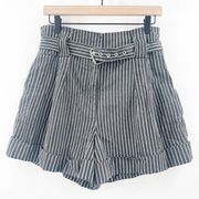 FRENCH CONNECTION Shorts Size 10 Stripes Gray Belt Belted High Waisted Stripe
