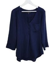 Fred David Popover Top Women Size L V-Neck Pocket Blouse Tunic  Navy