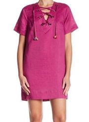 LINE & DOT Magenta Bright Pink Lace Up Linen Shift Dress Pom Pom Small S