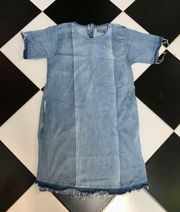 DL 1961 Chambray Kiki Short Sleeve Mini Dress Raw Hem Fringe Hem Blue Coast sz L