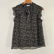 🦋 Pleione Black Tan Floral Ruffle Tie Neck Short Sleeve Blouse Small Office