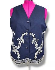 Norton McNaughton Navy Blue White Floral Embroidered Button Front Vest Size 12