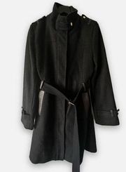 Cole Haan Black Wool Blend Peacoat with Leather Trim Women's Size 12