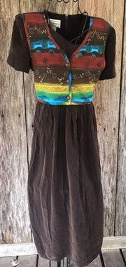 NWT KARIN STEVENS 12 Brown Rayon Watercolor Vest Tie Waist Dress 90’s Modest